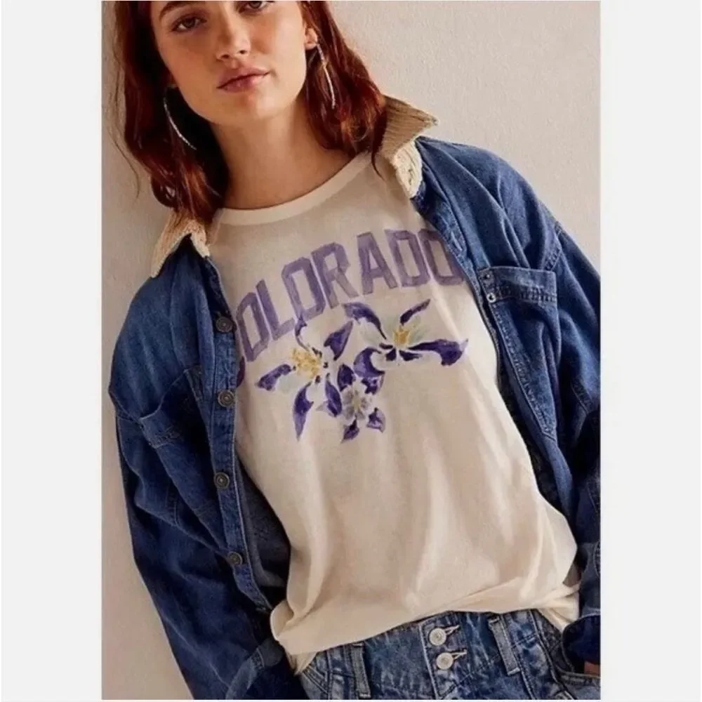 Free People X We The Free Colorado State Flower Short Sleeve Graphic Tee XS NEW